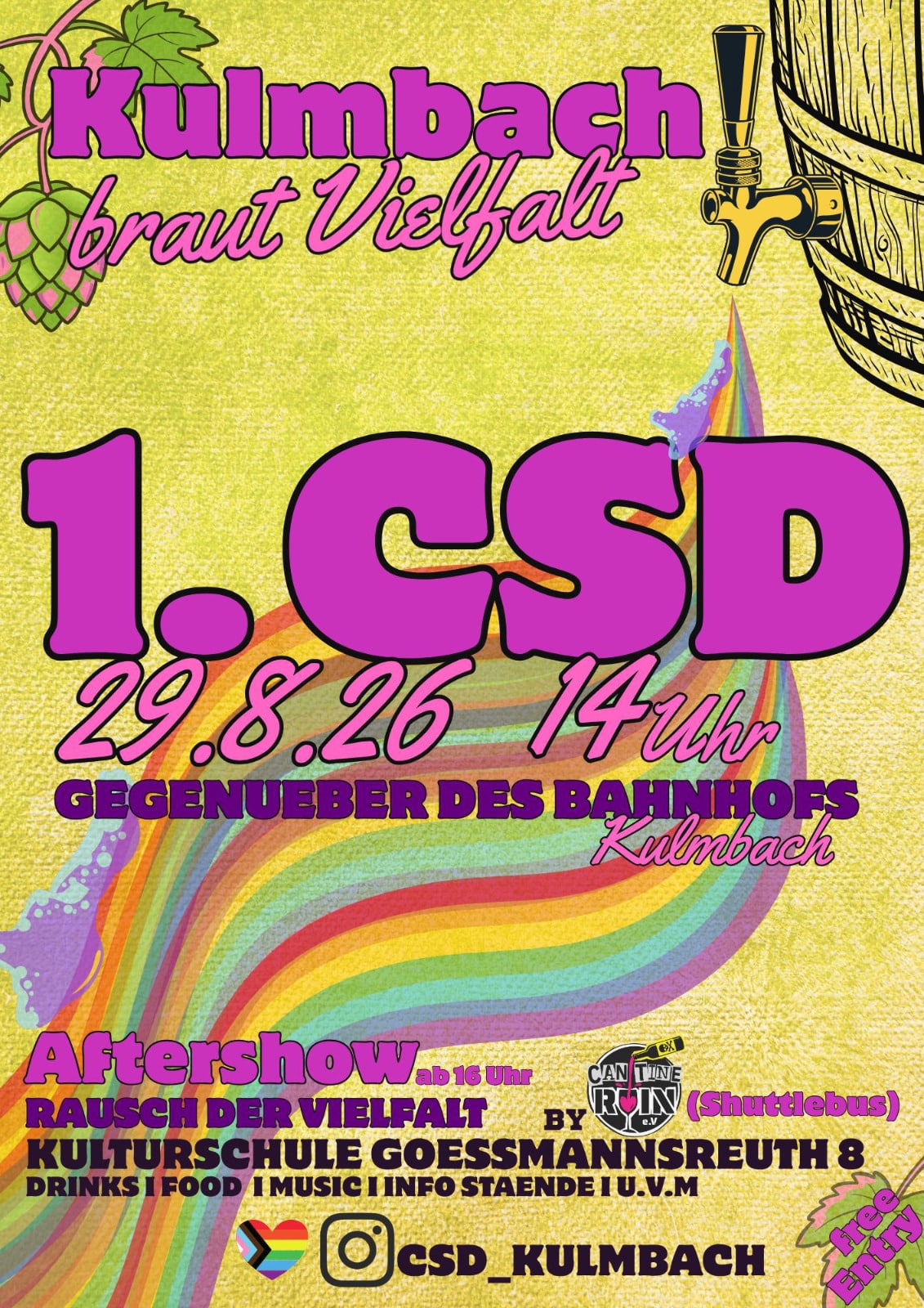 Plakat zum ersten CSD Kulmbach und zur Aftershow „Rausch der Vielfalt“ am 29. August 2026.